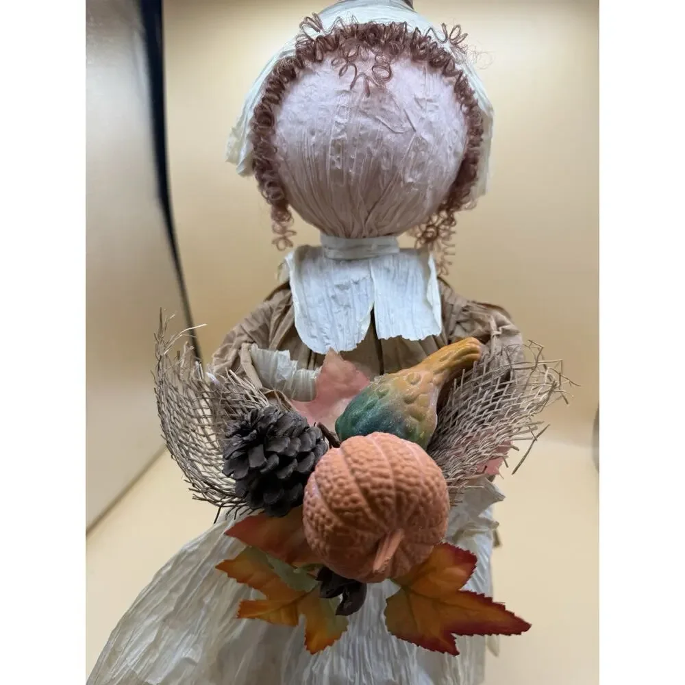 Handmade Crepe Paper Pilgrim Doll Harvest Thanksgiving Folk Art Soda Bottle 17”